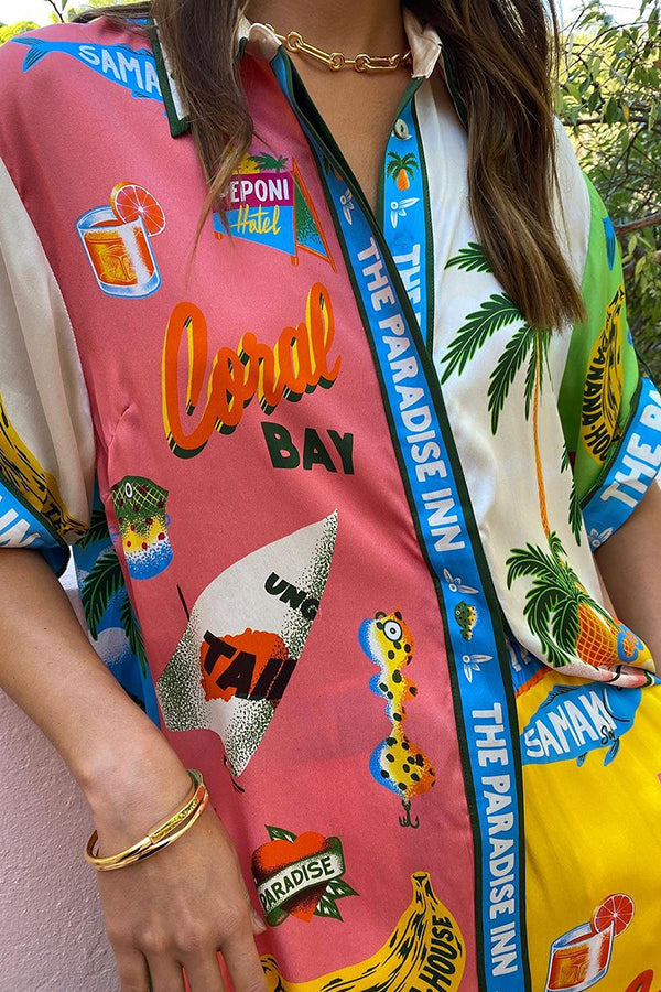 Kissed by the Sun Satin Unique Print Colorblock Button Down Oversized Blouse