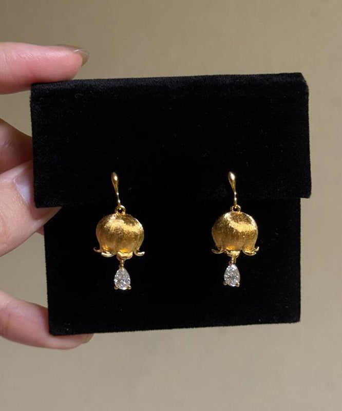 Chinese Style Gold Copper Zircon Lily of the Valley Water Drop Drop Earrings