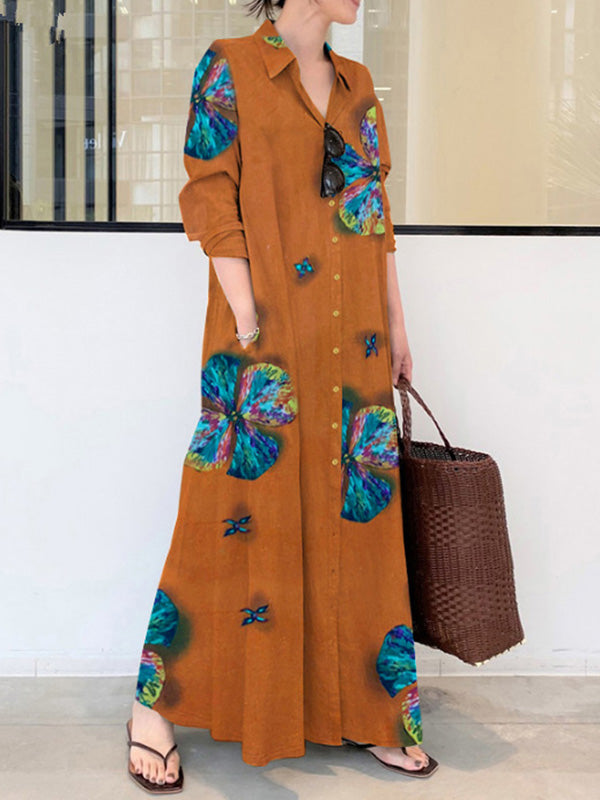 Printed Lapel Oversize Maxi Dress
