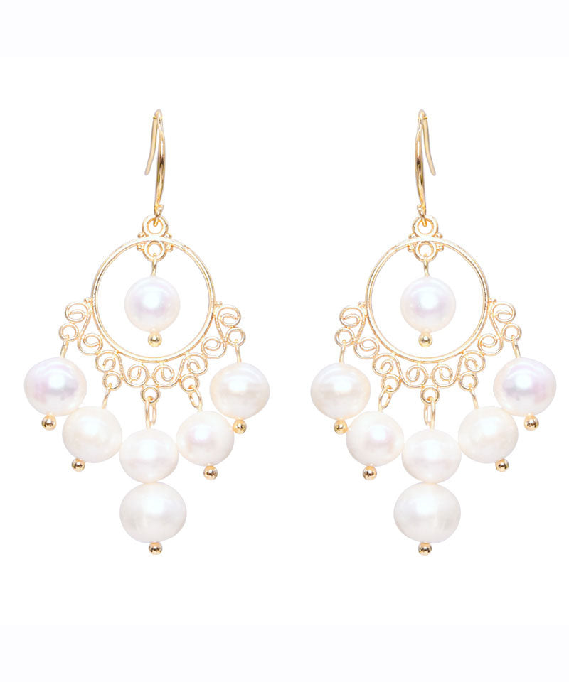 White 14k Gold Pearl Tassel Drop Earrings