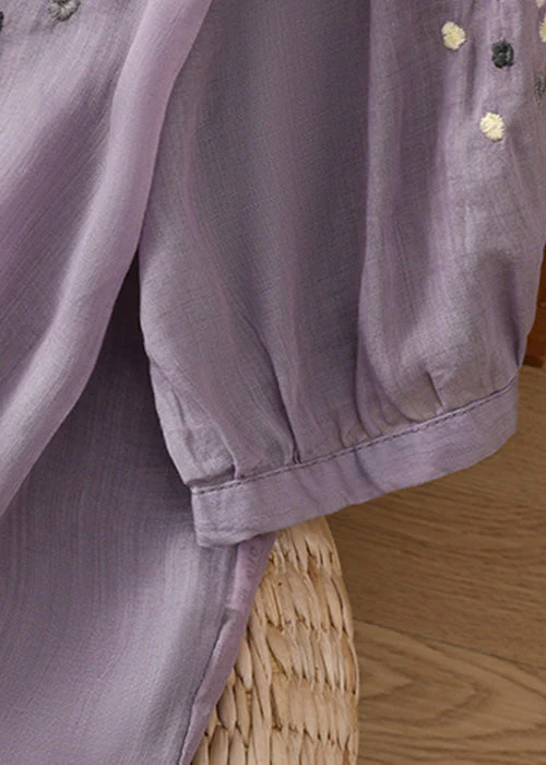 Grace Purple O Neck Embroideried Side Open Linen Blouse Spring Qb032