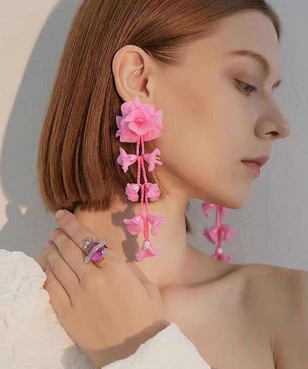 Handmade Pink Tulle Long Stud Earrings