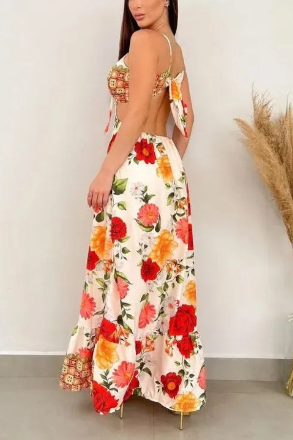 Monet Blooming Rose Tie Back Cut-out Maxi Dress
