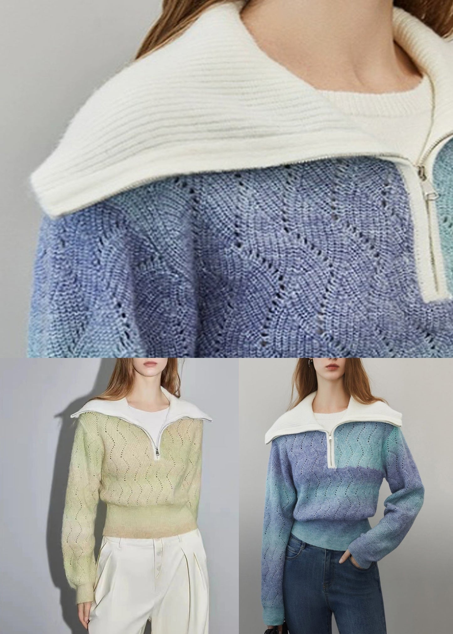 Green Zip Up Hollow Out Wool Knit Sweater Winter Wk025