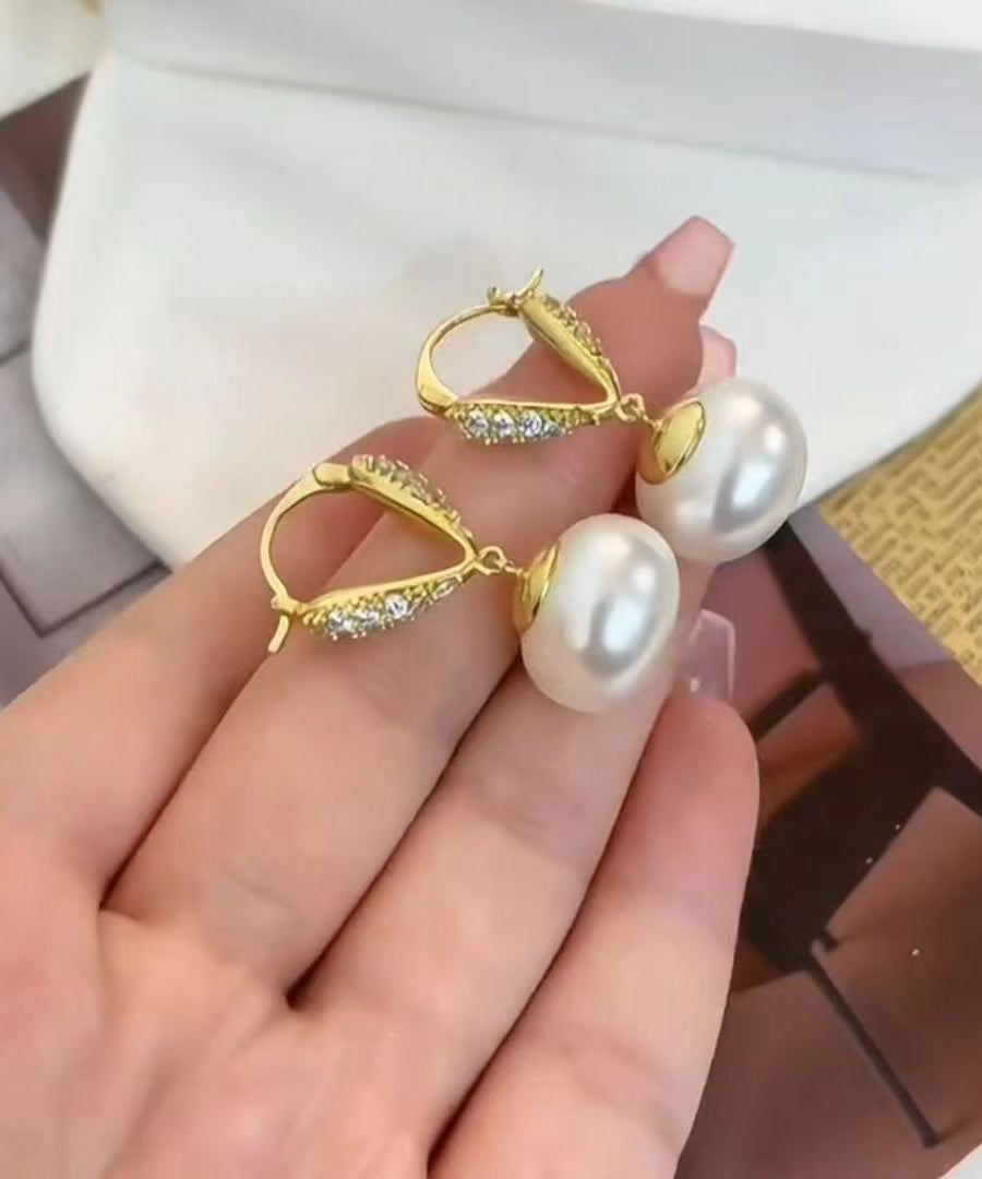 White Copper Overgild Pearl Love Zircon Drop Earrings