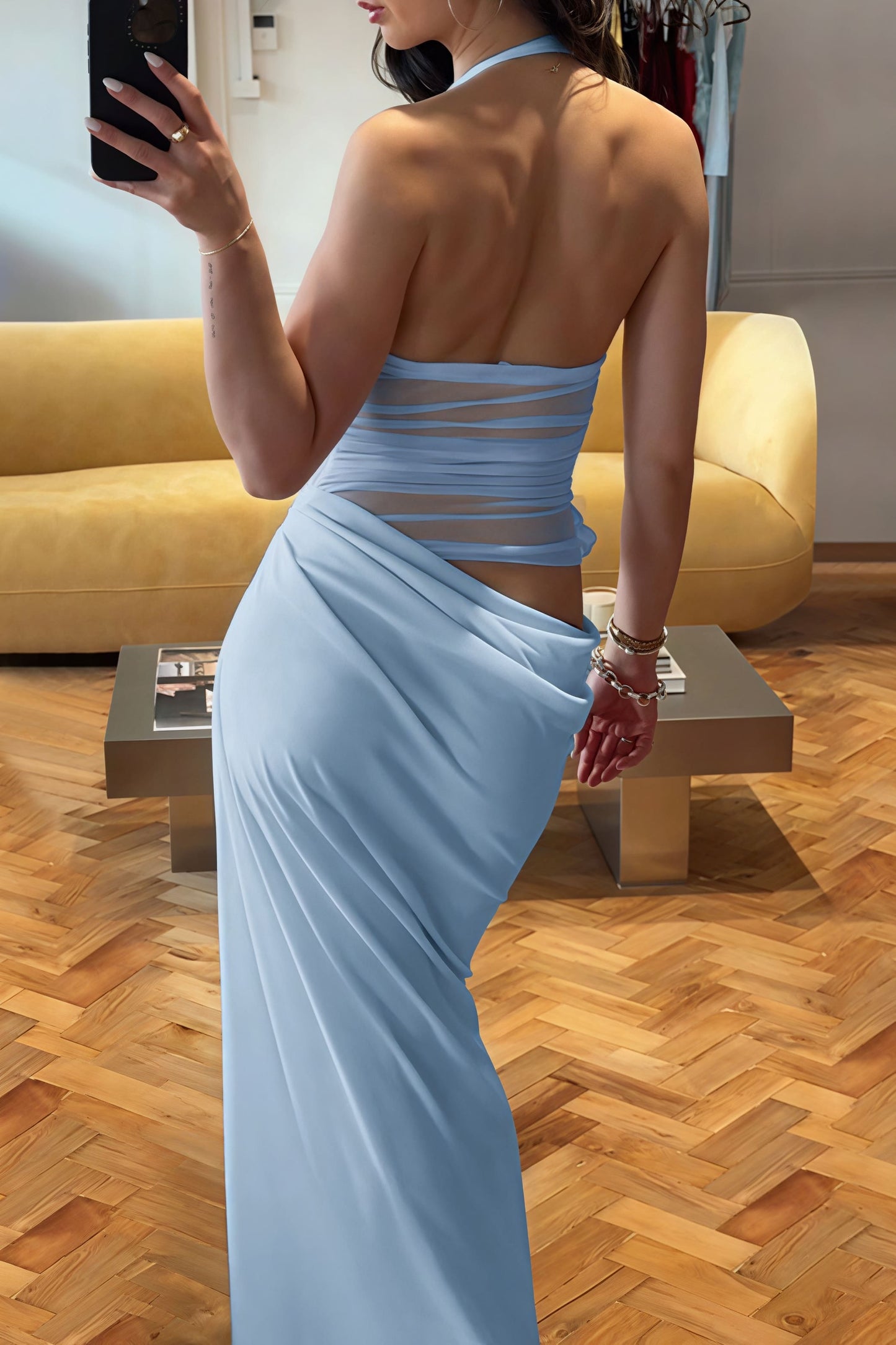 3d Patchwork Halter Slim Cutout Waist Maxi Dress
