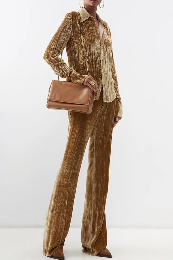Textured Turndown Collar Long Sleeve Blouse