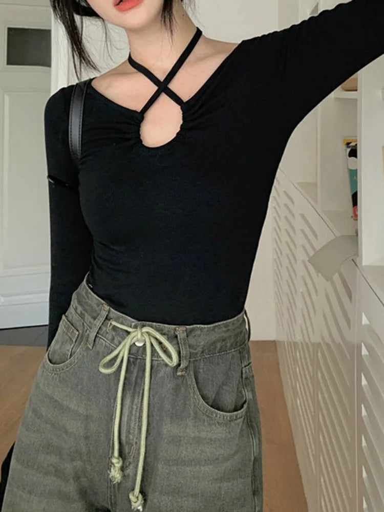 Autumn Korean Y2k T-shirt Woman Japanese�halter Bandage V-neck Skinny Long Sleeve Autum Tee Shirt Tshirt Tops