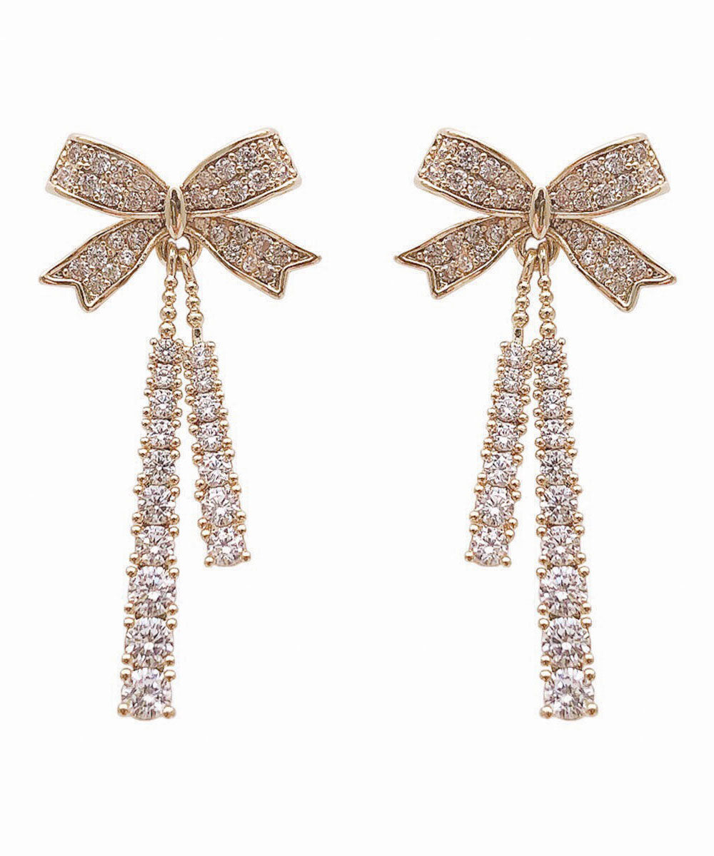 Gold Sterling Silver Alloy Zircon Bow Tassel Drop Earrings