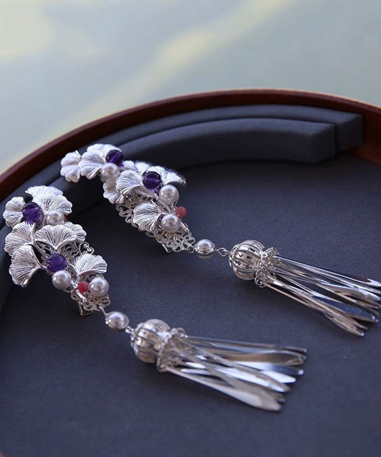 Original Design Silk Sterling Silver Ginkgo Tassel Hairpin