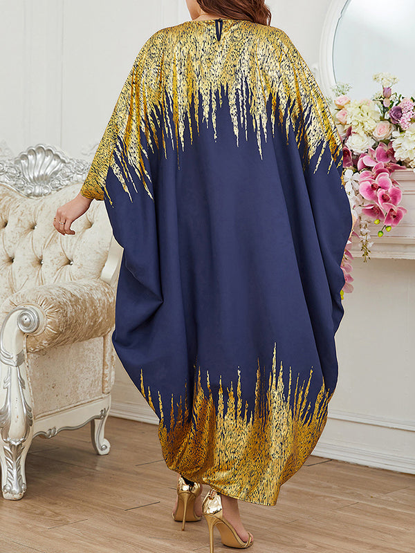 Batwing Sleeves Long Sleeves Contrast Color Printed Round-neck Maxi Dresses