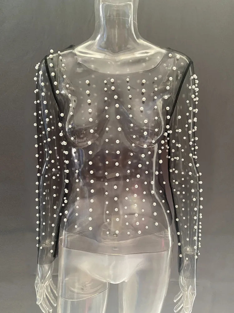 Pearl Mesh See Through T-shirt Long Sleeve Pullover Blouse Summer U Neck Tee Shirt Tops
