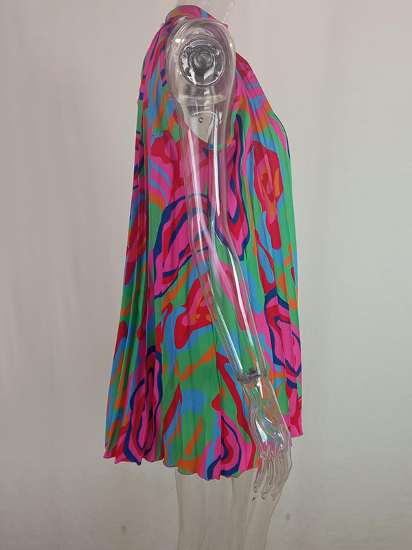 Loose Pleated Printed Halter-neck Mini Dresses Short Dresses