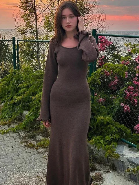 Knitted Backless Long Dress for Ruffled Lace Up High Waist Maxi Dresses Femme Party Bandage Dress