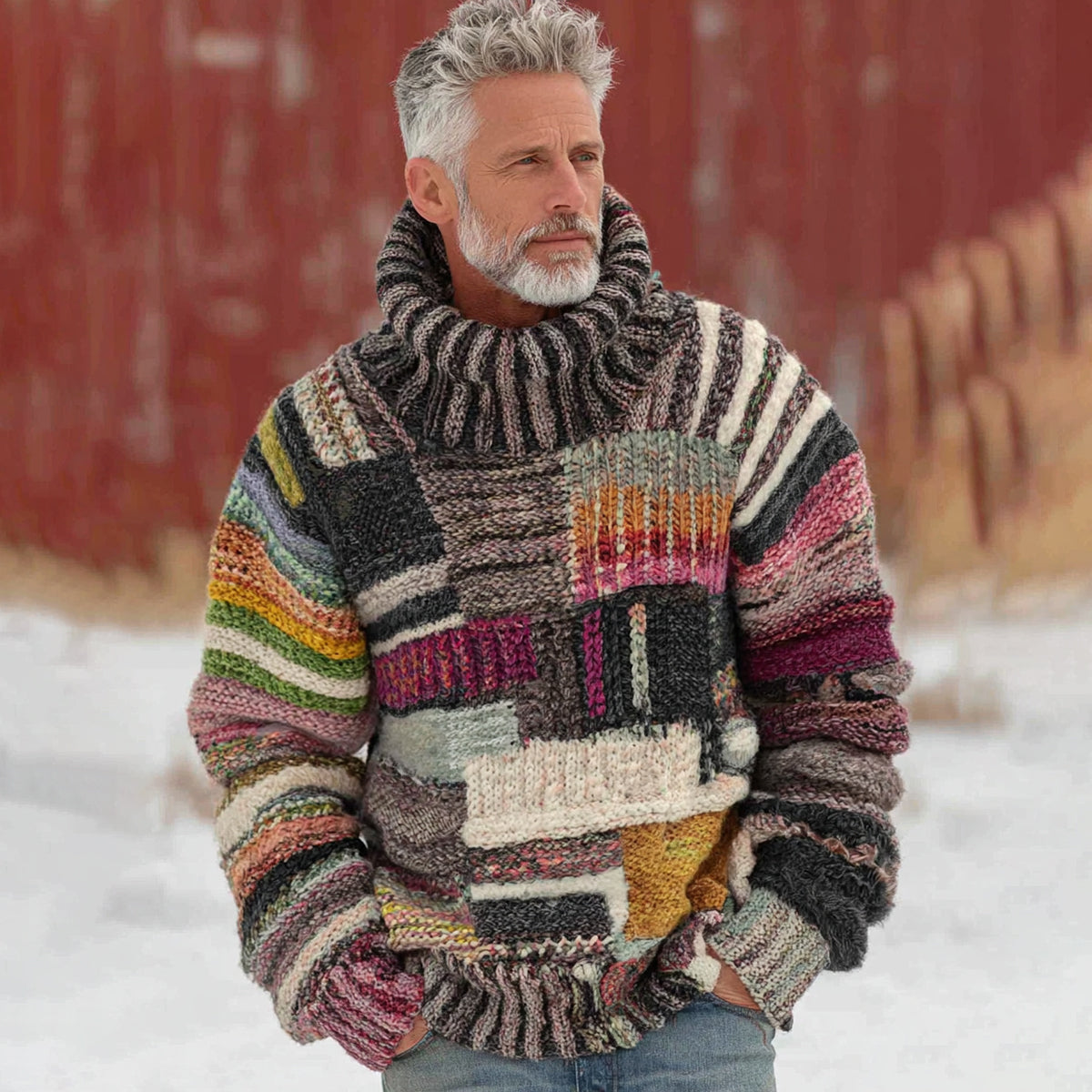 Men's Vintage Colorblock Patchwork Cozy Knit Jacquard Fairman Island Jacquard Thick Warm Turtleneck Sweater artswardrobe