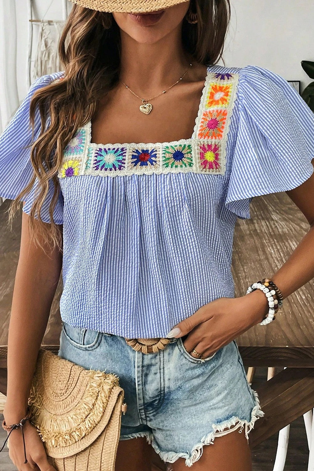 Sky Blue Striped Crochet Applique Blouse