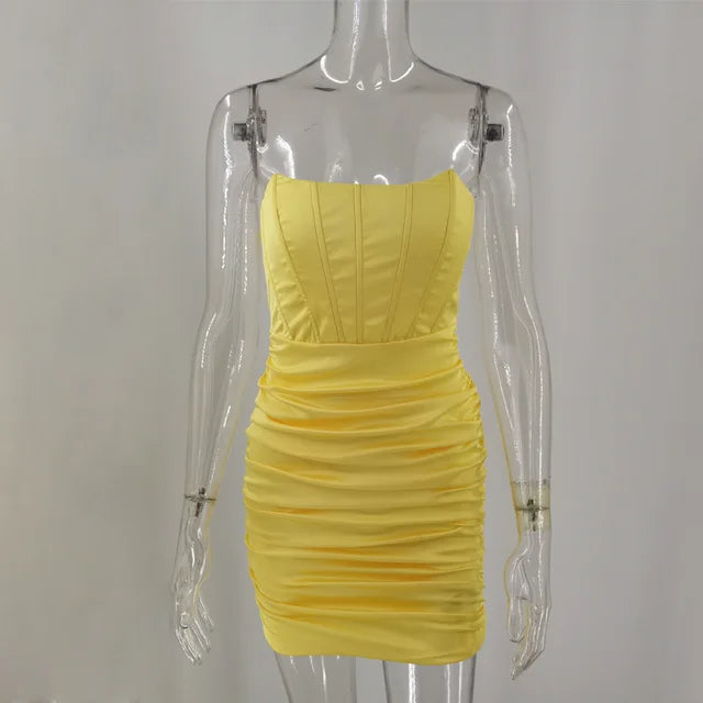 Satin Strapless Ruched Dress for Summer Off-shoulder Sleeveless Bodycon Party Clubwear Mini Dresses Vestidos