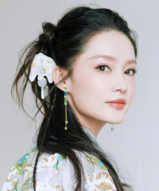 Chinese Style Green Sterling Silver Alloy Bamboo Jointtassel Drop Earrings