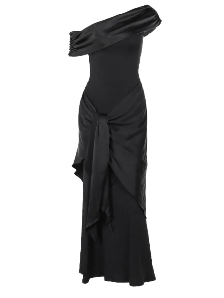 One Shoulder Mesh Patchwork Ribbon Dress New Slim Fit Black Female Long Dress Party Evening Dress