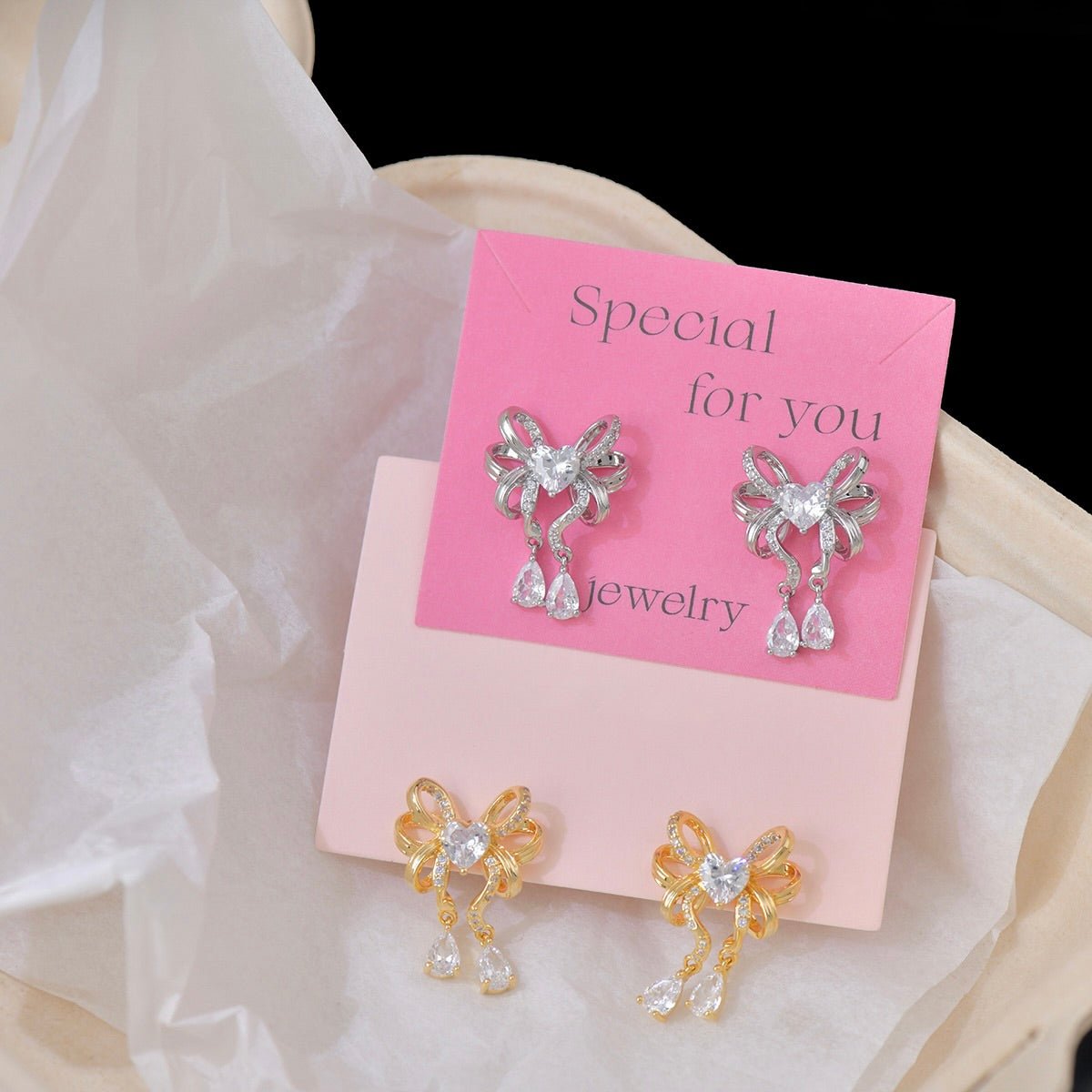 Heart Ribbon Earrings in Silver