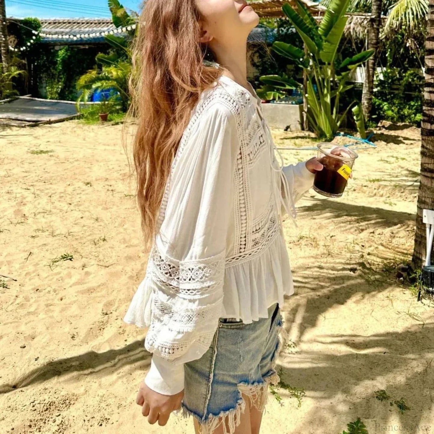 Hollow Out Lace Long Sleeve Ruffles Blouse