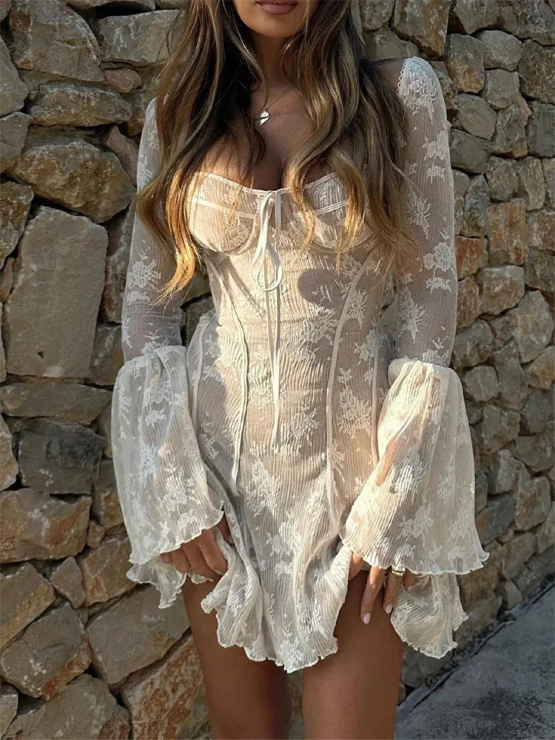 Lace Square Collar See-through Mini Dress