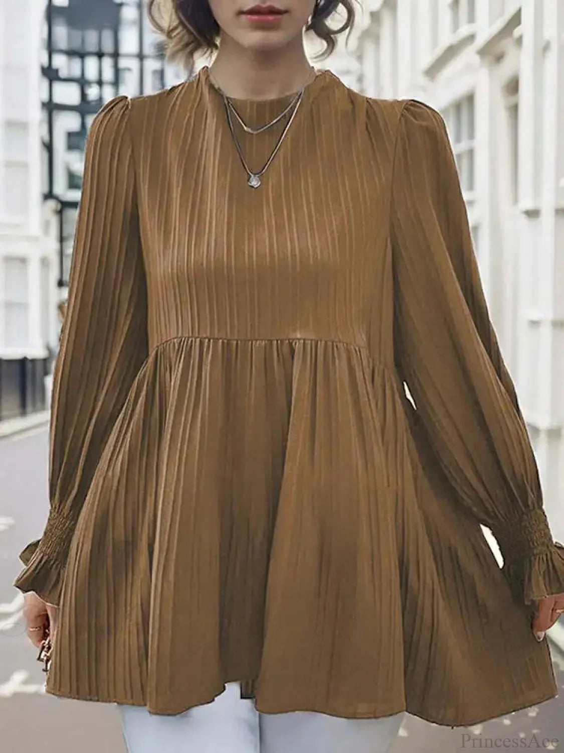 Lantern Long Sleeve Pleated Blouse Blouse