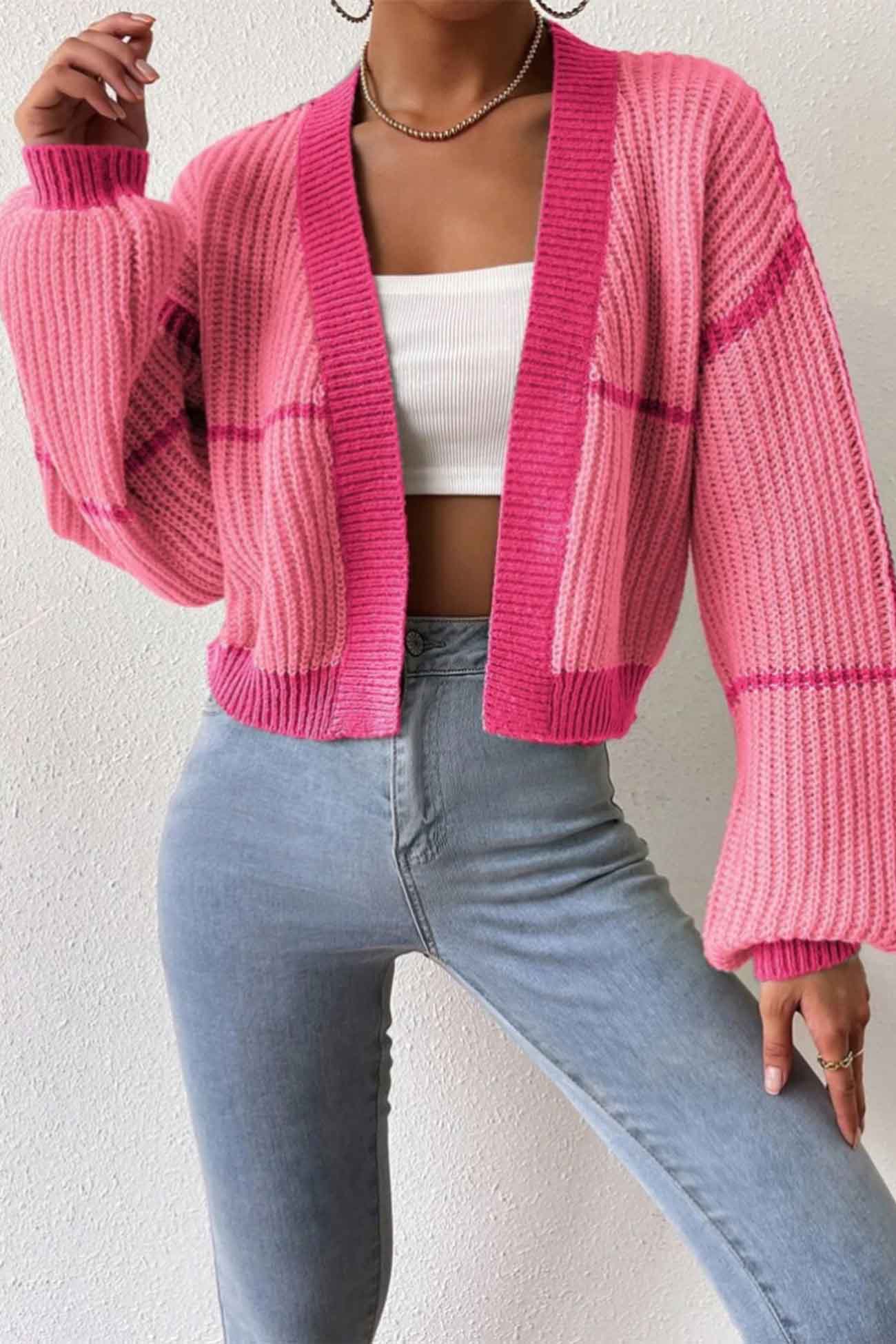 Long Sleeve Open-front Patchwork Knit Cardigan