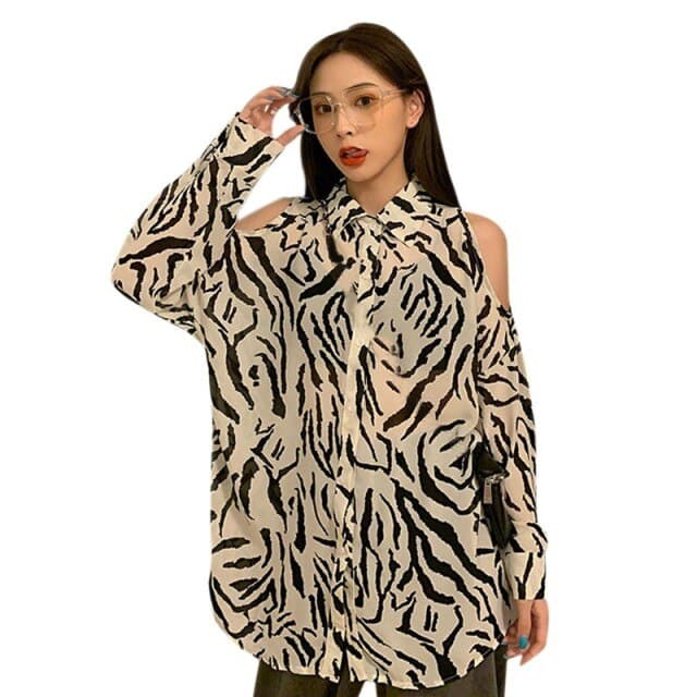 Printed Shirt Off the Shoulder Blouses Loose Long-sleeved Shirt Retro Female Blouses