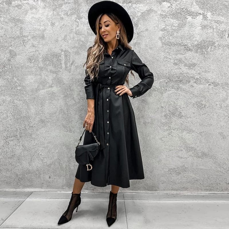 Office Lady Pu a Line Turn Down Collar Single Breasted Sashes Black New Autumn Party Long Dress