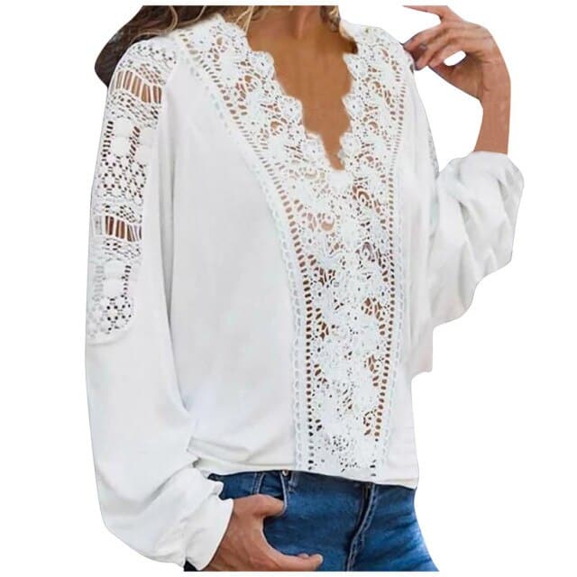 Spring Shirts Colors Lace Hollow Out V-neck Long Sleeves Female Blouse Tops