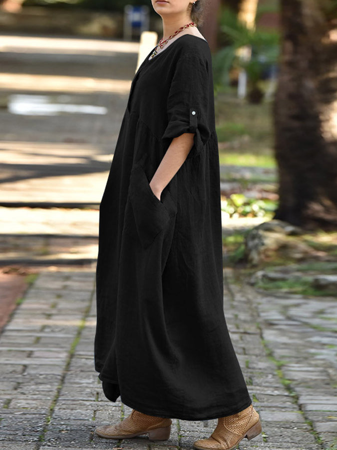 Round Neck 3/4 Sleeves Maxi Dress