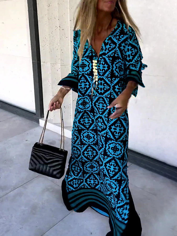 Long Sleeves Geometric Printed Maxi Dress