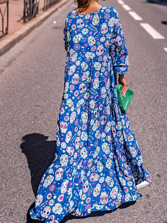 Blue Long Sleeves Printed V Neck Maxi Dress