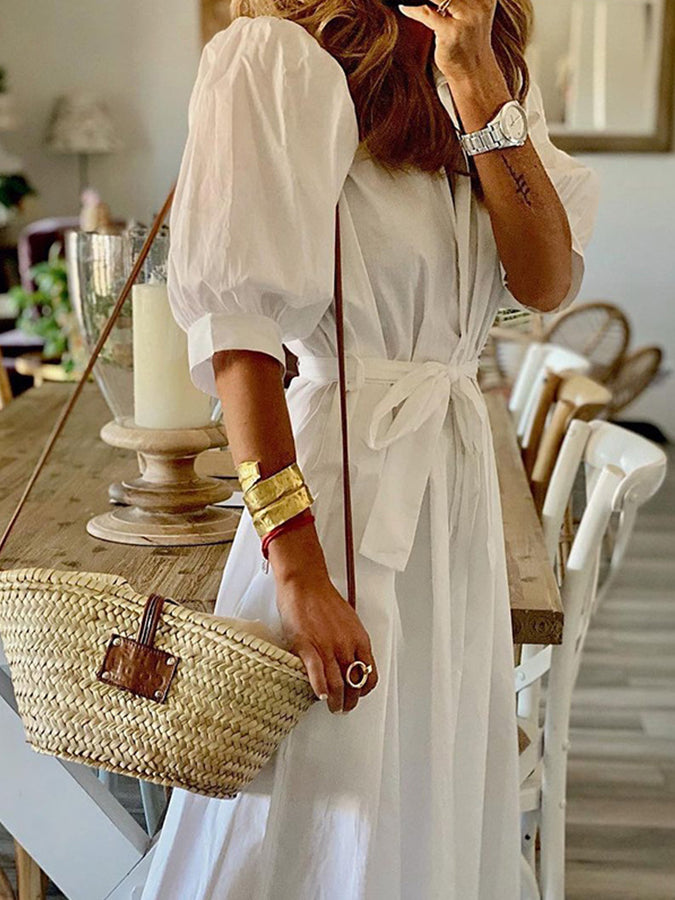 Short Sleeves Shirt Collar Maxi Dress
