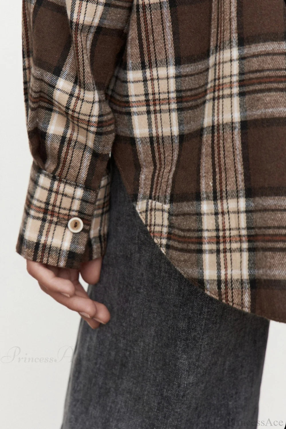 Plaid Pocket Long Sleeve Collared Blouse