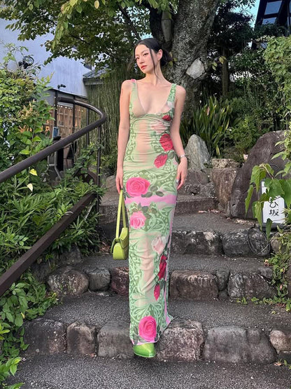Art Print Sleeveless Maxi Dress