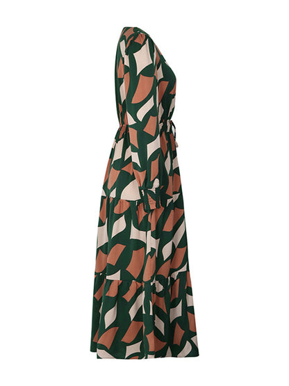 A-line Long Sleeves Buttoned Elasticity Pleated Printed Split-joint Tied Waist V-neck Midi Dresses