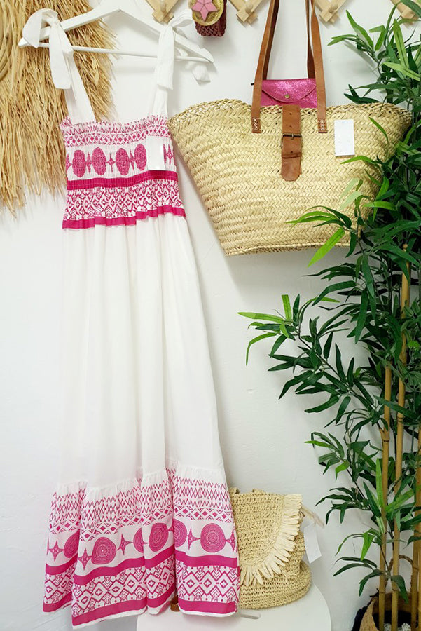 Malibu Villa Printed Smocked Shoulder Tie Maxi Dress