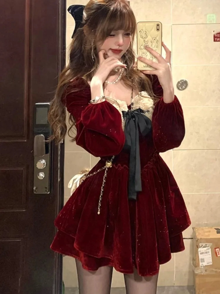 Y2k Velvet Mini Dress Lantern Sleeve Square Collar Patchwork Lace Up Layered Ruffles Autumn Spring Birthday Party Vestidos