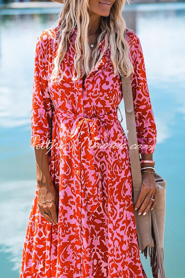 Lapel Slit Print Lace Up Button Maxi Dress