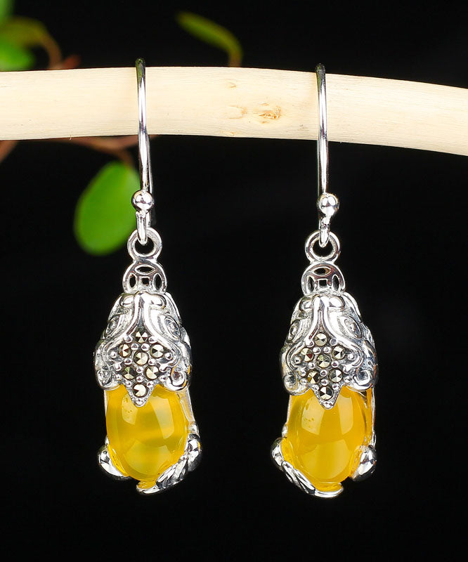 Retro Yellow Sterling Silver Inlaid Chalcedony a Mythical Wild Animal Drop Earrings