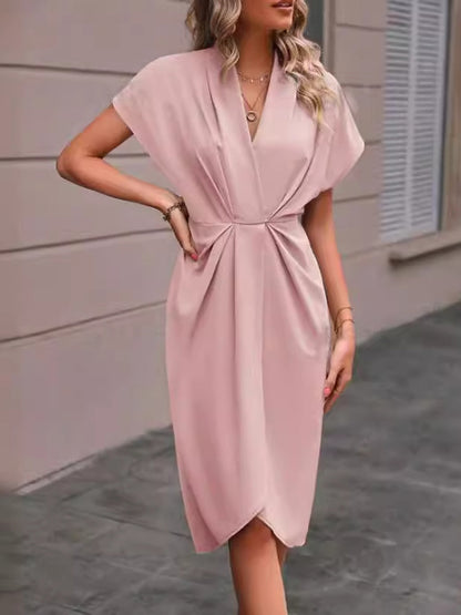 High-low Loose Knot Pleated Color Split-front V-neck Midi Dresses