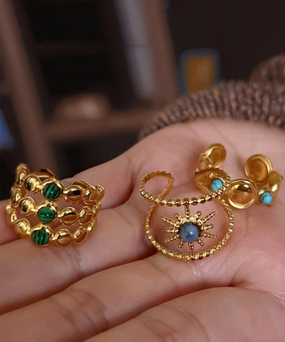 Gold Sterling Silver Overgild Turquoise Gem Stone Ring Three Piece Set Ring