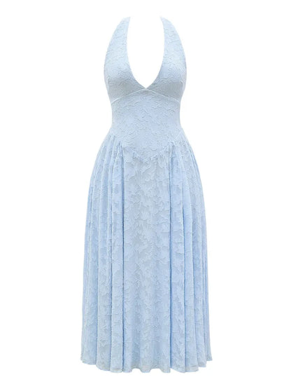 Deep V Neck Halter Madi Dress Sleeveless Backless A-line Loose Pleated Evening Long Dress
