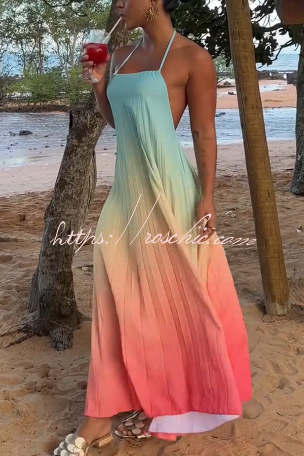 Sea Goddess Gradient Print Pleated Halter Backless A-line Maxi Dress