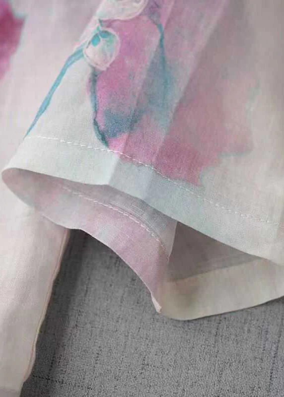 Grace Pink O Neck Print Chinese Button Linen Blouse Top Fall Qb031