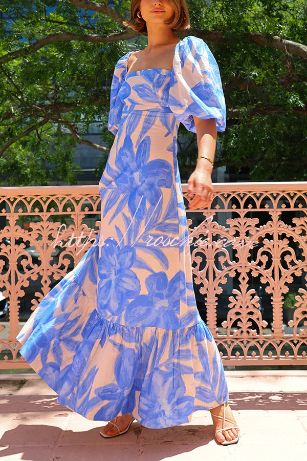 Watercolor Print Square Neck Puff Sleeve Maxi Dress