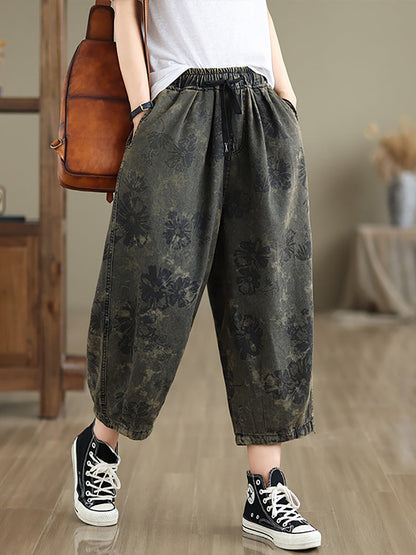 Summer Retro Flower Denim Loose Pants Ii1003