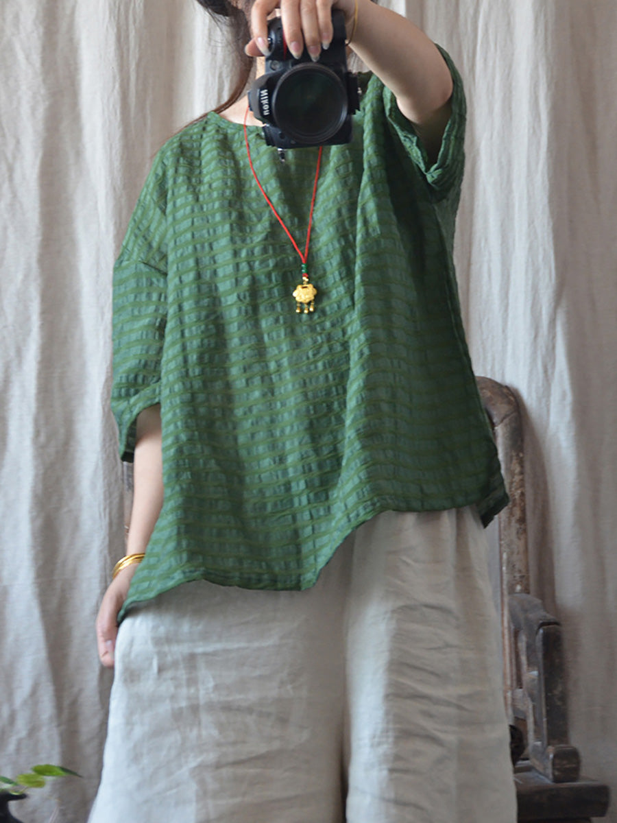 Artsy Stripe Linen O-neck Blouse Co1027